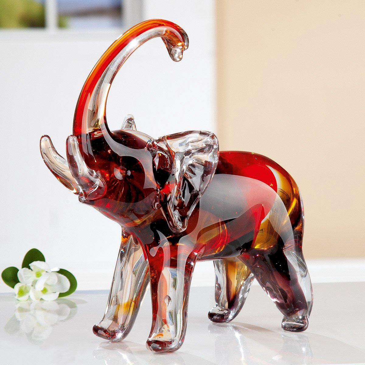 handgemaakte glazen olifant - oranje bruin - 11x21x24 cm - glas woondecoratie