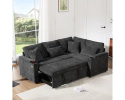 Sofa - L-vormig Uitschuifbaar Hoekbank - Canapé Convertible met Opbergruimte - Met Bekerhouder, USB-poort, Armleuningblad & 4 Kussens - 206x141x87 cm - Voor Woonkamer - Donkergrijs