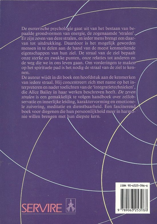 Achterkant boek met tekst over 'De Zeven Stralen', ISBN en streepjescode. De achtergrond toont paarse en roze lijnen.