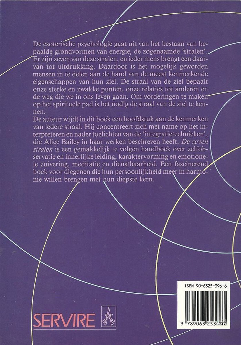Achterkant boek met tekst over 'De Zeven Stralen', ISBN en streepjescode. De achtergrond toont paarse en roze lijnen.