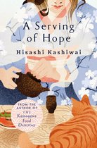 Boekomslag: Een vrouw in een blauwe kimono giet thee uit een theepot. Een rode kat ligt ernaast. Tekst: A Serving of Hope, Hisashi Kashiwai.