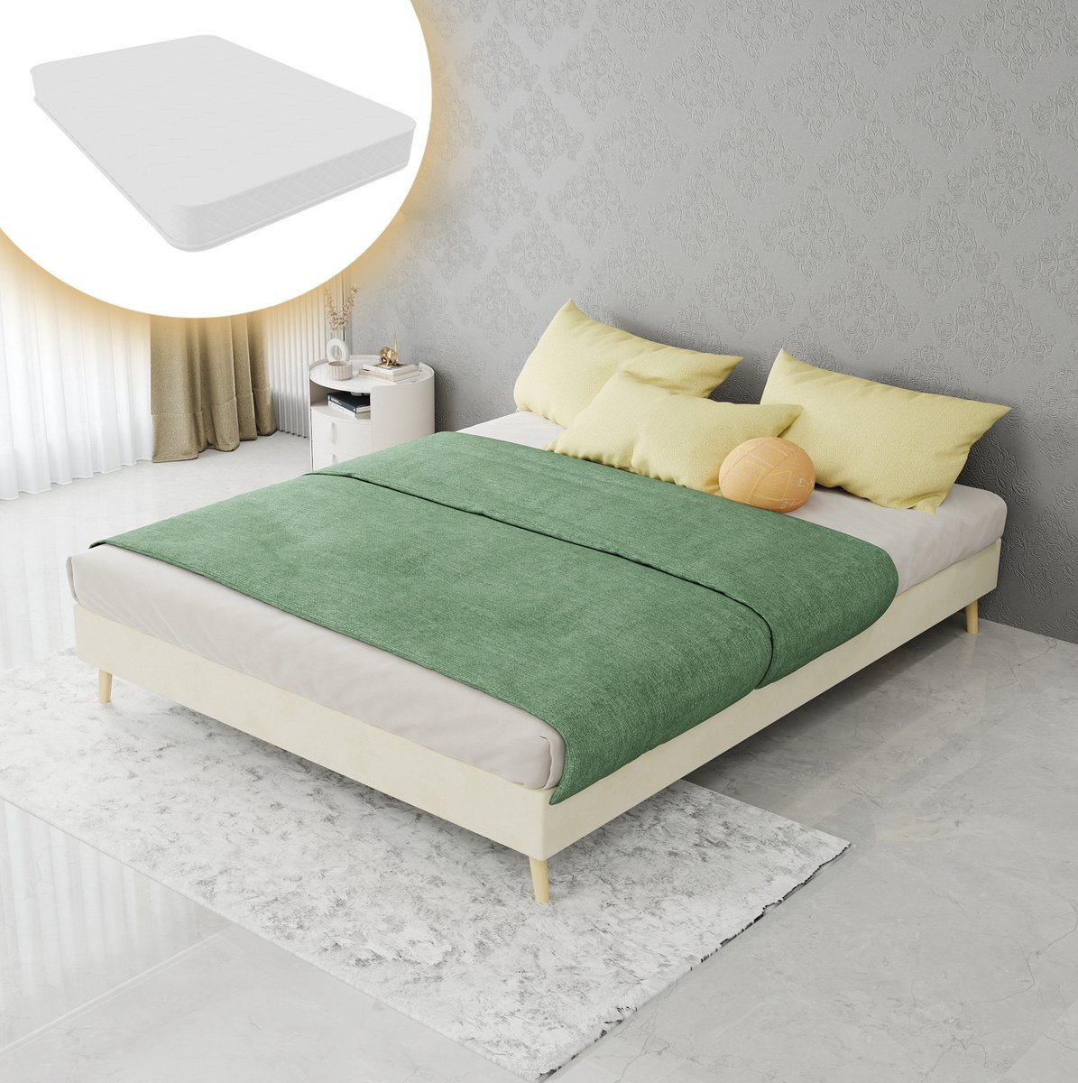 COVREO Bedframe met multi-support ontwerp – 140x200x53 cm – Normaal bed van stof en metaal – laag model voor slaapkamer – Beige - met matras