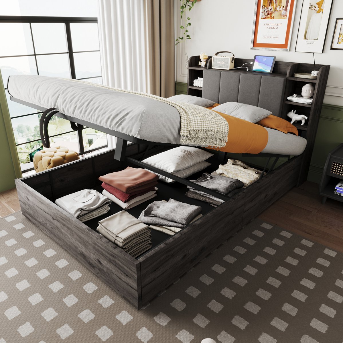 COVREO Bedframe met hydraulische opbergruimte en USB-C – 140x200 cm – Tweepersoons bed met hoofdbord en opbergvakken – voor slaapkamer en studio – Grijs - zonder matras