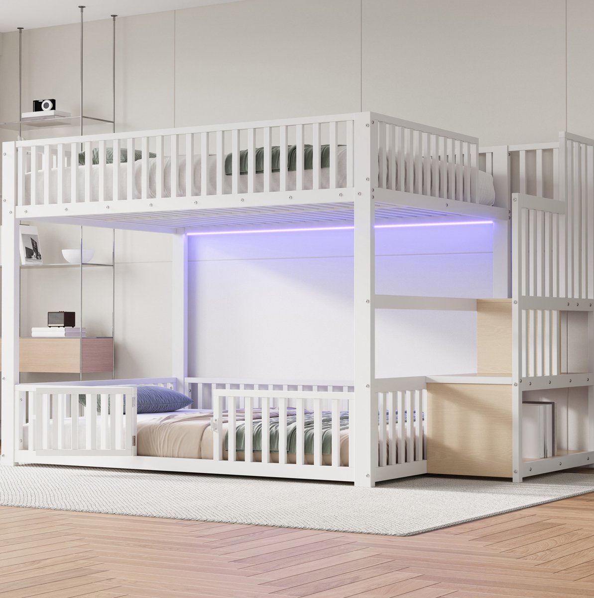 COVREO Stapelbed 140x200 cm wit, MDF metaal, met LED en opbergruimte