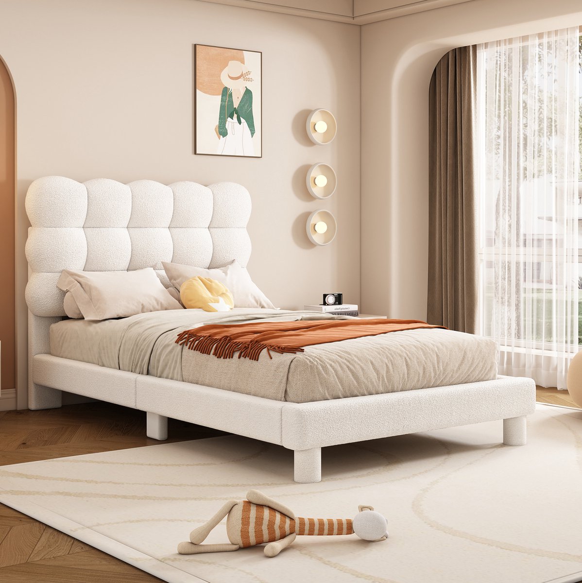 90 x 200 cm vlak bed, gestoffeerd bed, comfortabel hoofdeinde met kussen, in drie standen verstelbaar hoofdeinde, stijlvol en eenvoudig ontwerp, wit.