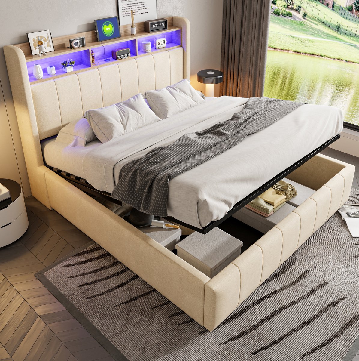 COVREO Gestoffeerd bed met LED en USB – 160x200 cm – Bed met hydraulische opbergruimte – Tweepersoonsbed voor volwassenen – Beige - zonder matras