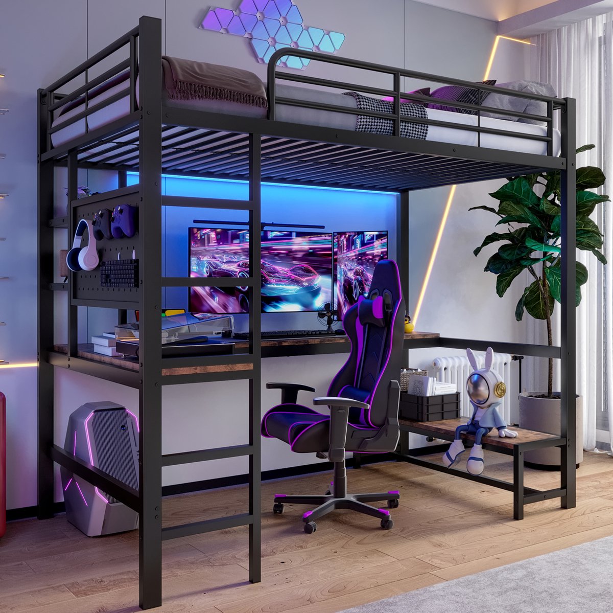 COVREO Hoogslaper 90x200 cm zwart, metaal en MDF met bureau en opbergruimte