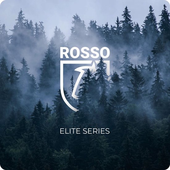 Mistige boslucht met "Rosso Elite Series" logo.