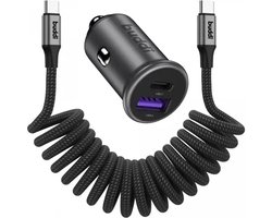 Buddi Power USB - C Autolader & USB - A + C Poort met USB-C naar USB-C Krulsnoer Kabel | snelladen 45W | Compact formaat | Telefoon oplader voor in de auto | Geschikt voor sigarettenaansteker