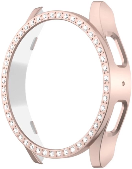 Roze smartwatch hoesje met strass steentjes, zonder wijzerplaat of band.