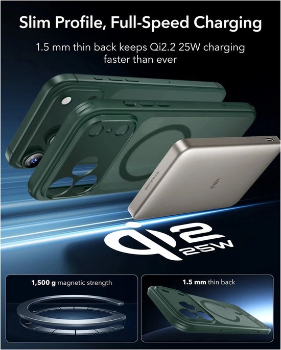 Groene iPhone hoes met MagSafe, 1,5 mm dun, toont snelladen.
