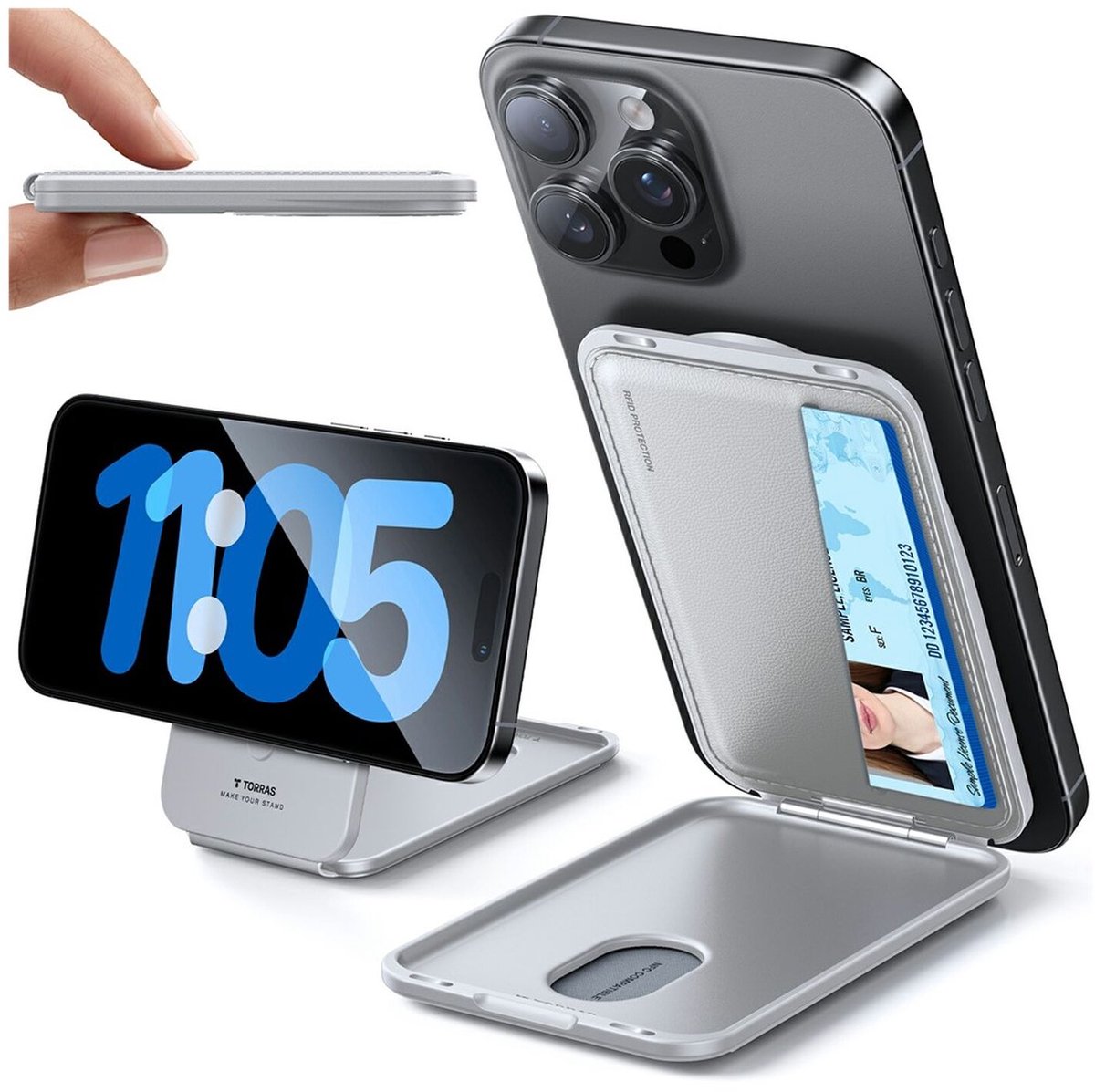 TORRAS Magnetische Pasjeshouder / Kaarthouder | Compatibel met MagSafe | 360° Draaibare Magnetische Ring | Portemonnee voor Drie Pasjes | Grijs