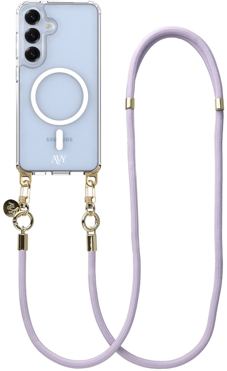 AVY Hoesje geschikt voor Samsung Galaxy S25 / S24 | Compatibel met MagSafe | Clear Case met Telefoonkoord 130CM | Crossbody Tressé Purple