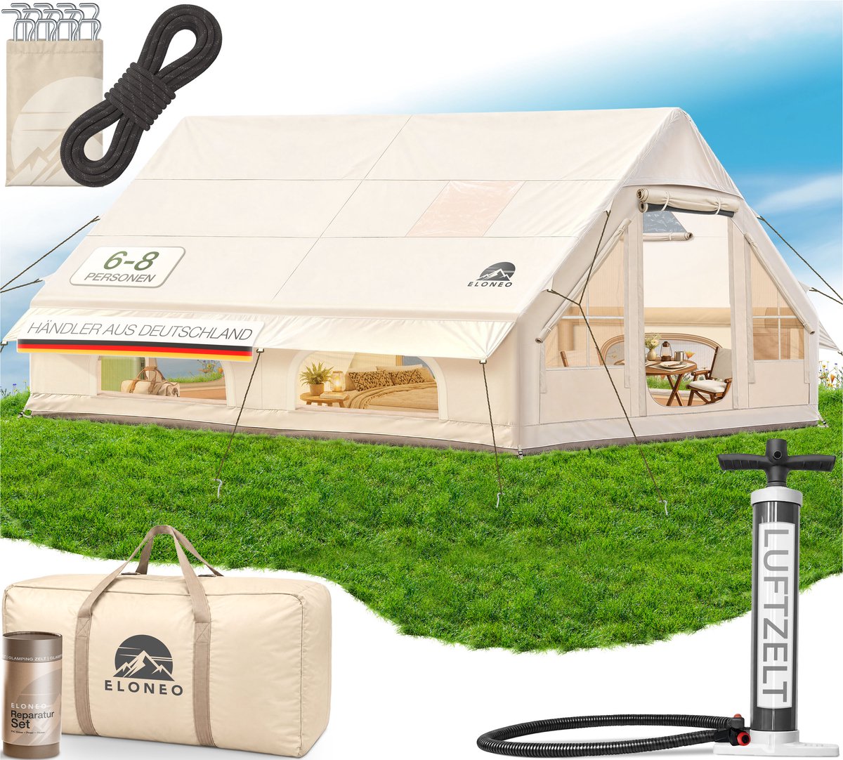 ELONEO Opblaasbare Glampingtent - Campingtent met Luchtframe - 200 cm Stahoogte - UV50