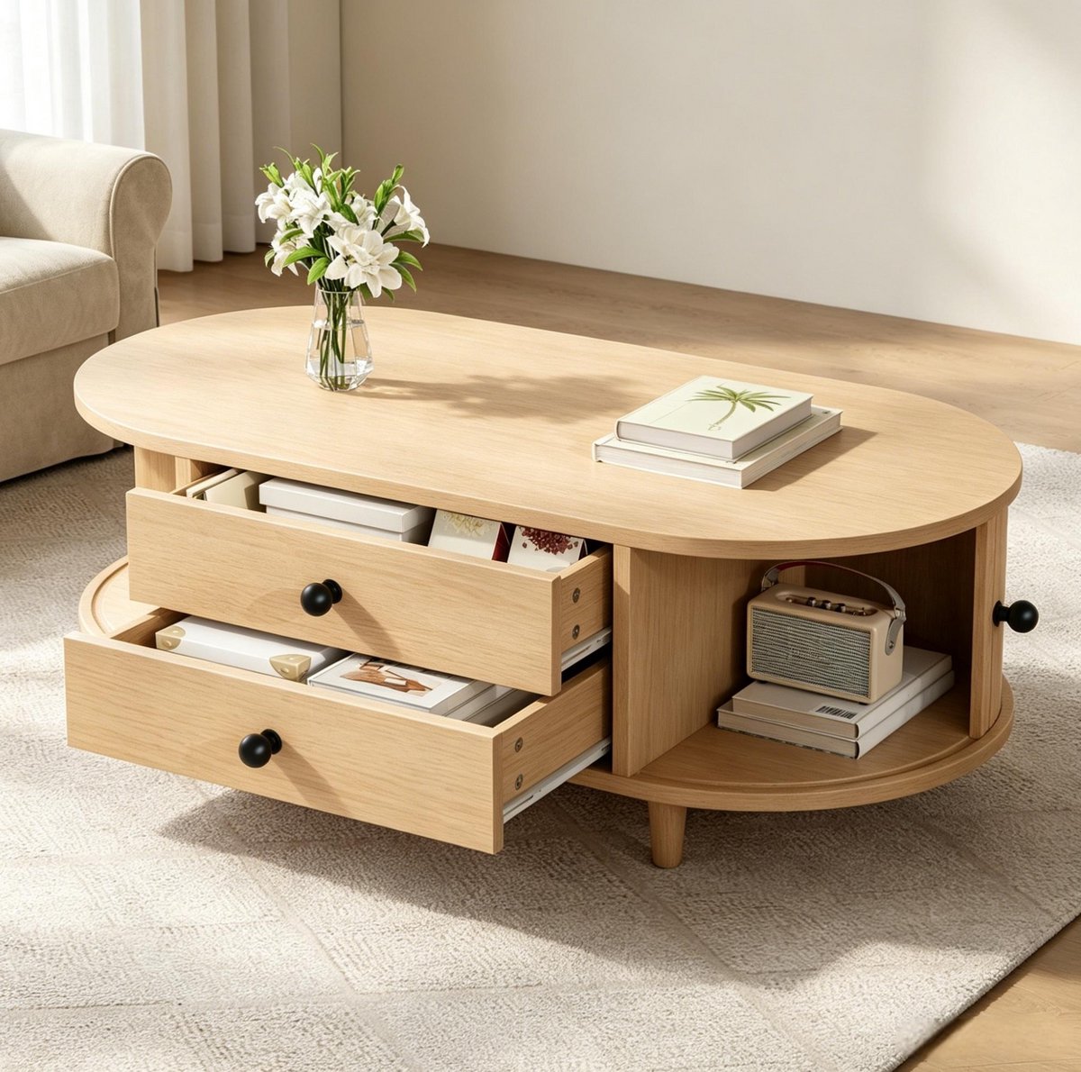 MODENUIT Salontafel - Roldeuren En 2 Lades - Voor Woonkamer En Zithoek - MDF Naturel Houtlook - 100x50x36 Cm Natuurlijke Houtkleur