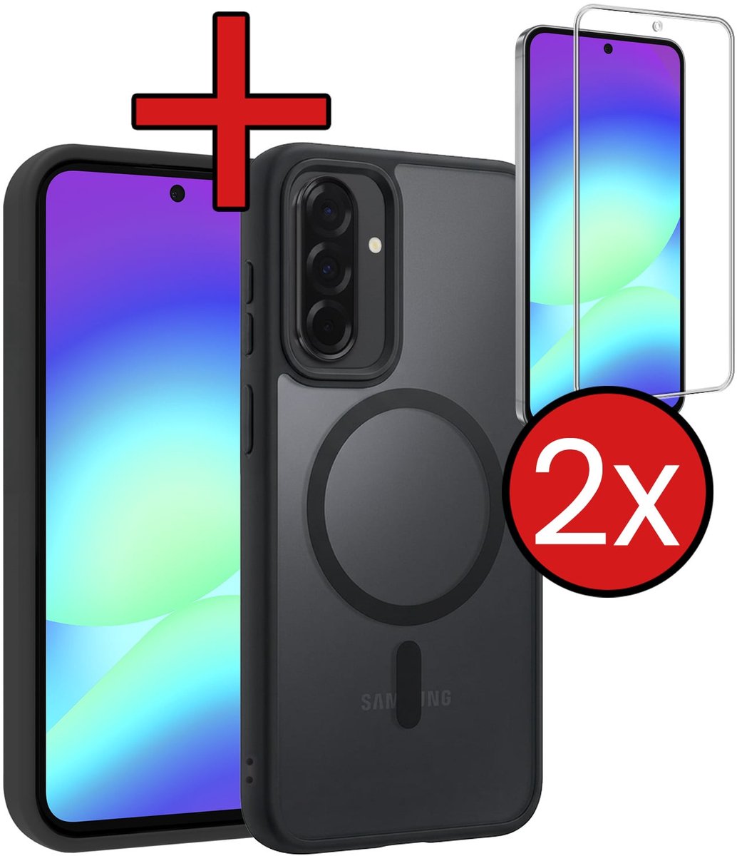 Hoesje - Met 2x Screenprotector - Geschikt voor Samsung Galaxy A56 - Magsafe Compatible - Sterk & Shockproof - Shock Proof Case - Back Cover - Telefoon Hoes - Telefoonhoes - Zwart