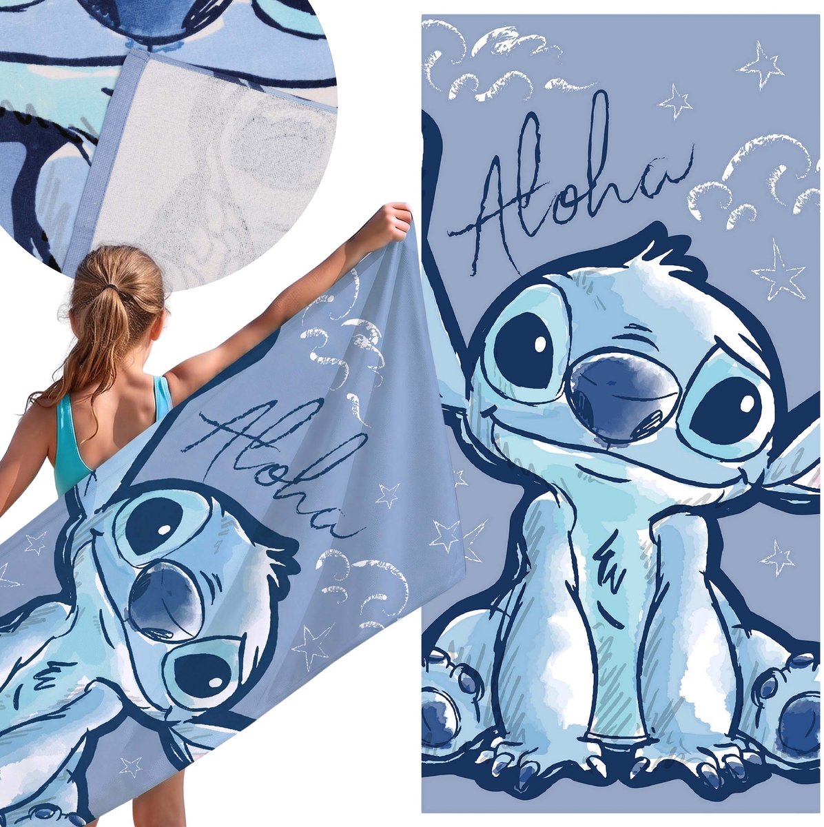 DISNEY Stitch Blauw, SNELDROGEND Strandlaken, badlaken VOOR MEISJES, 100% KATOEN 70x140 cm OEKO-TEX