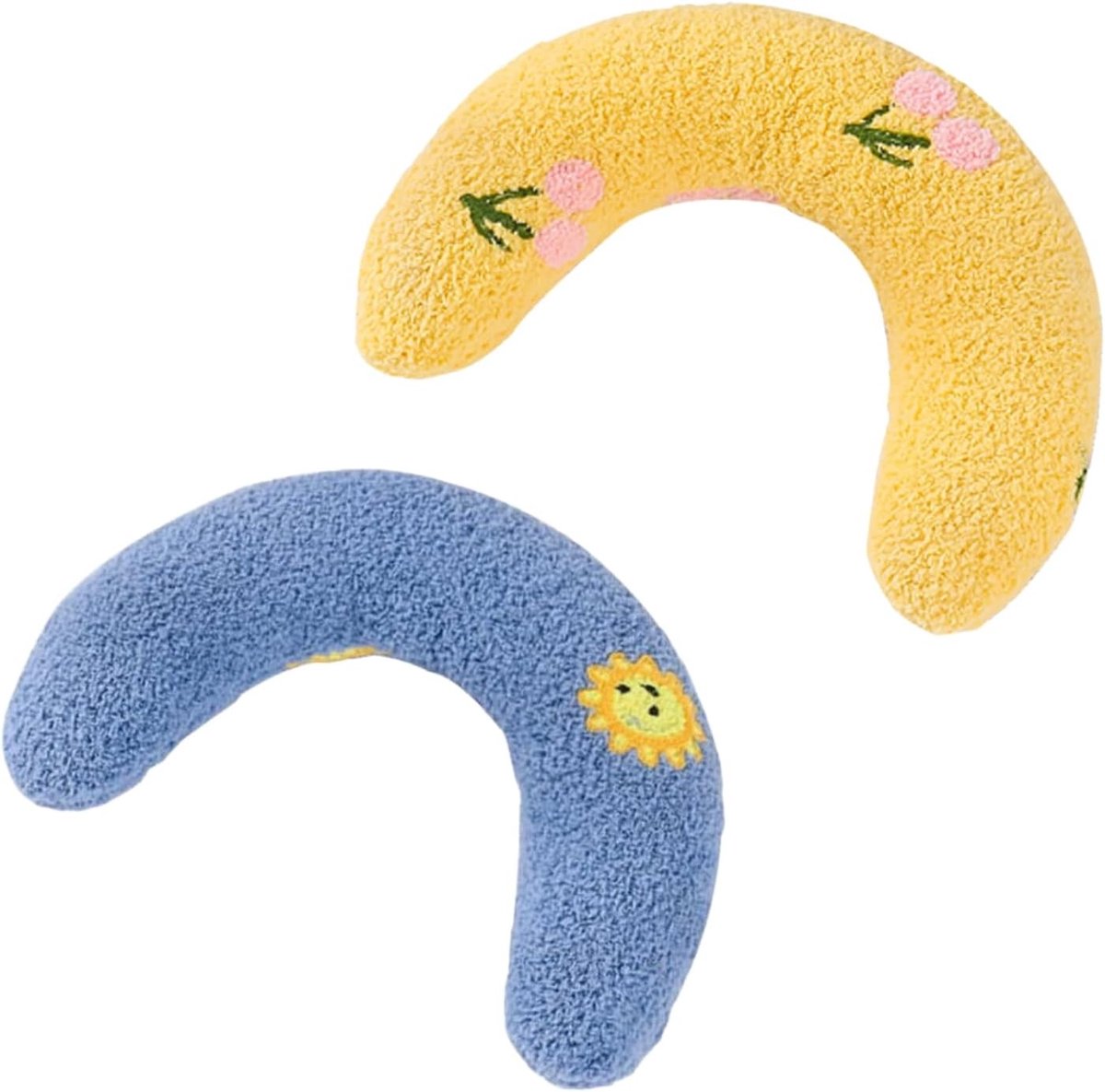 Comfortabele U-vormige Kussenset voor Katten en Honden met Neksteun en Grasprint - 2 Stuks in Blauw en Geel