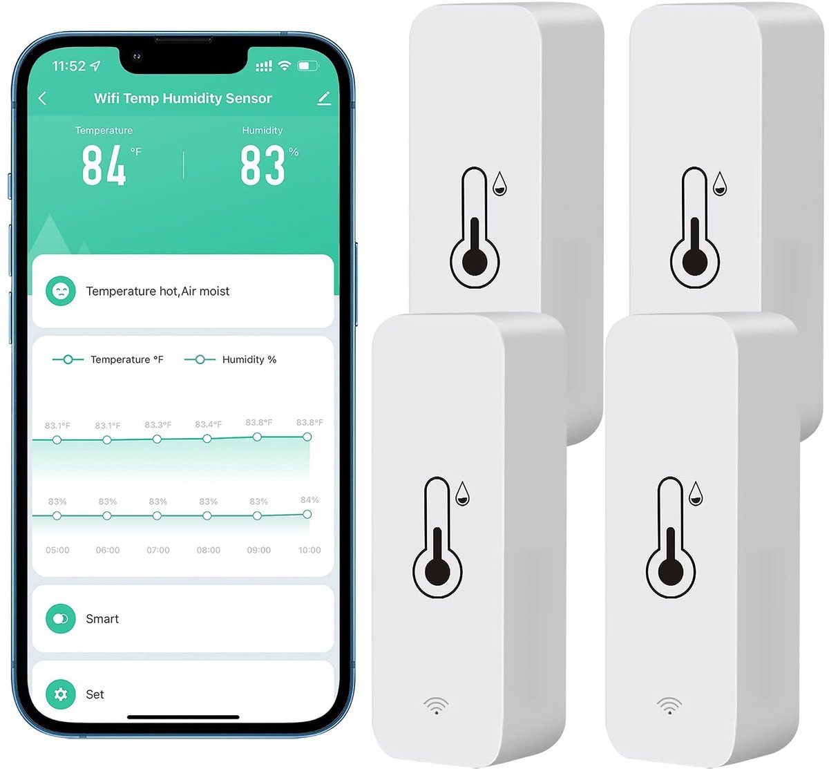Hygrometer Thermometer Sensor, Draadloze temperatuur- en vochtigheidssensor met afstandsapp-meldingsalarm, Werkt met de Tuya-app (4 stuk)