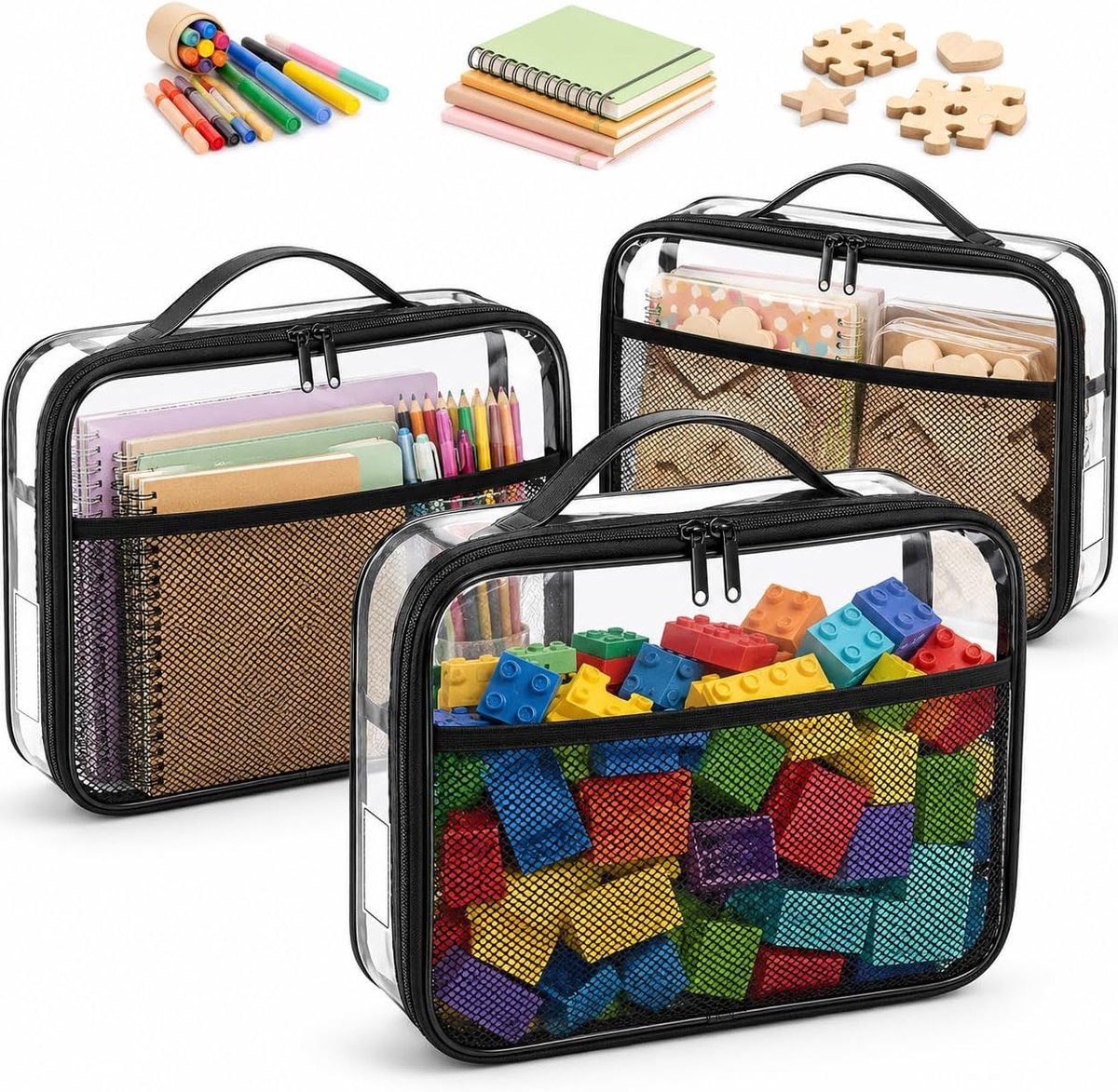 Set van 3 opbergzakken met ritssluiting, doorzichtige speelgoedorganizers met netvakken, lederen draaggreep, ideaal voor Lego-opslag, puzzelorganizer, bouwstenen, badspeelgoed