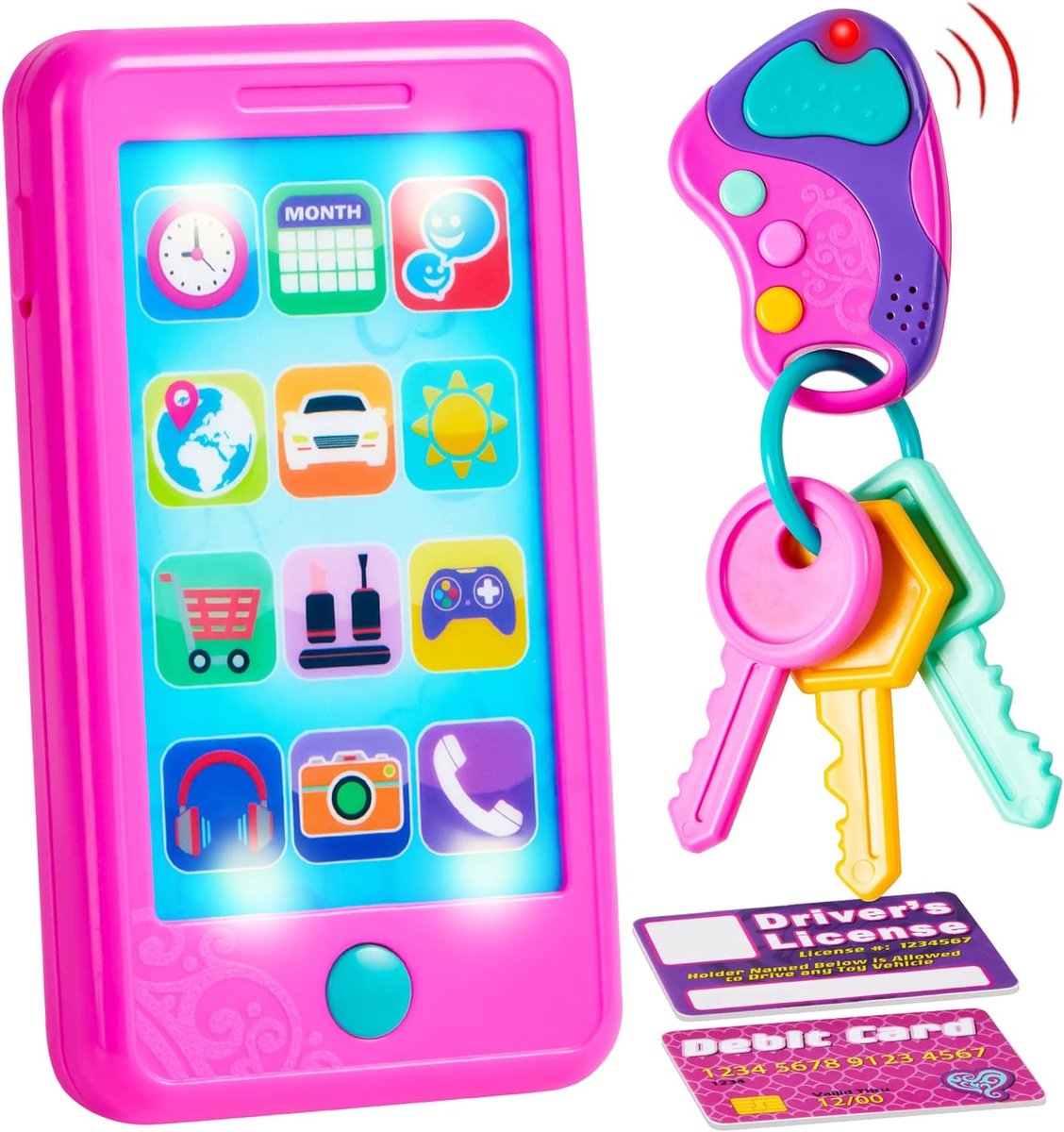 Pretend Play Smart Phone, Keyfob Key Toy en Creditcards Set - Kinderen Mobiele Telefoon Speelgoed voor 1-5 Jaar Ouden