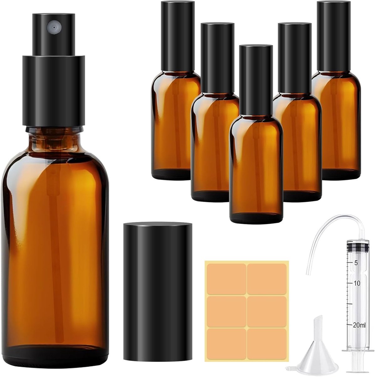 6 stuks bruine glazen spuitflessen van 50 ml, klein glas met trechter