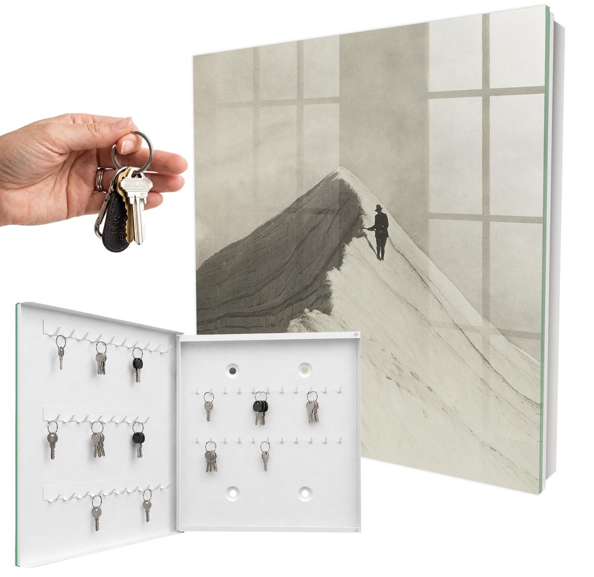 WallMuralia - Sleutelkast - 30x30x5 cm - met 50 haken - Bergklimmen Sleutelkastje Design - Wit Sleutelbox - Linksopenend - Wit interieur