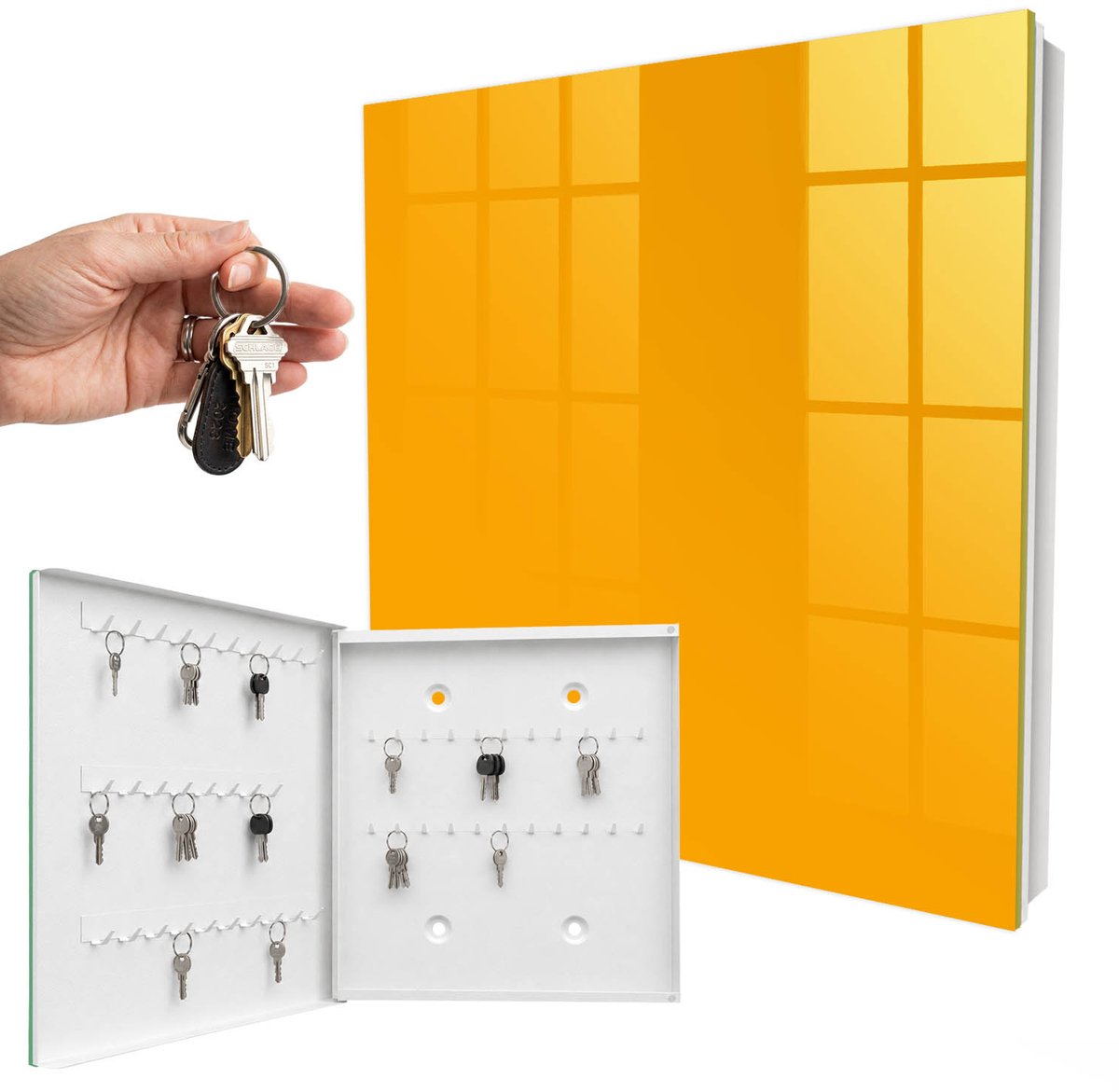 WallMuralia - Sleutelkast - 30x30x5 cm - met 50 haken - Oranje Sleutelkastje Design - Oranje Sleutelbox - Linksopenend - Wit interieur