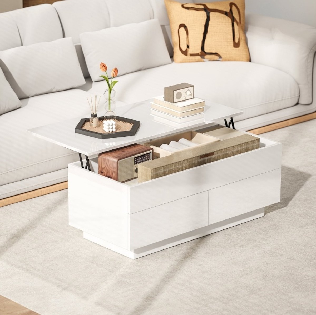 MIVRAY Salontafel - Hoogteverstelbare Hoogglans Salontafel Met Verborgen Opbergruimte En 2 Lades - Modern Voor Woonkamer - Wit - 102 X 48 X 40 Cm