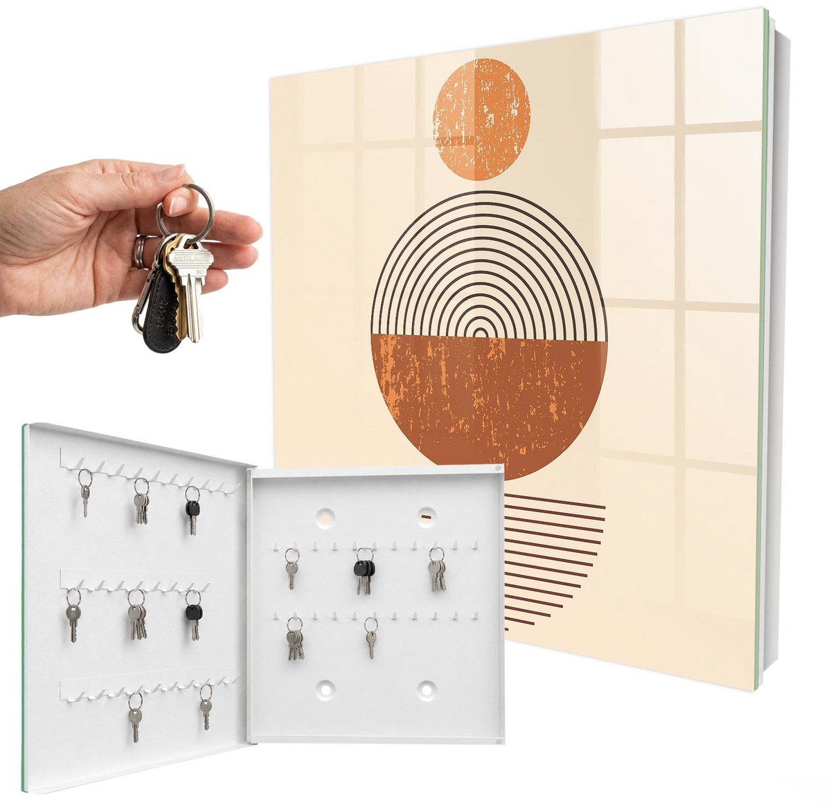 WallMuralia - Sleutelkast - 30x30x5 cm - met 50 haken - Retro Geometrie Sleutelkastje Muur - Oranje Sleutelbox - Linksopenend - Wit interieur