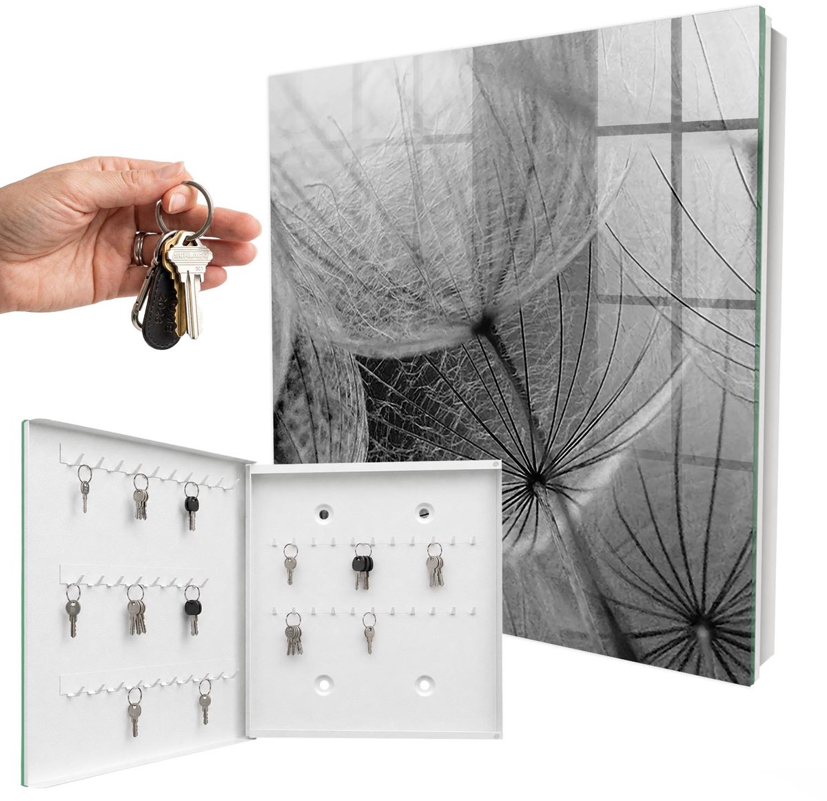 WallMuralia - Sleutelkast - 30x30x5 cm - met 50 haken - Paardenbloemzaden Sleutelkastje Modern - Grijs Sleutelbox - Linksopenend - Wit interieur