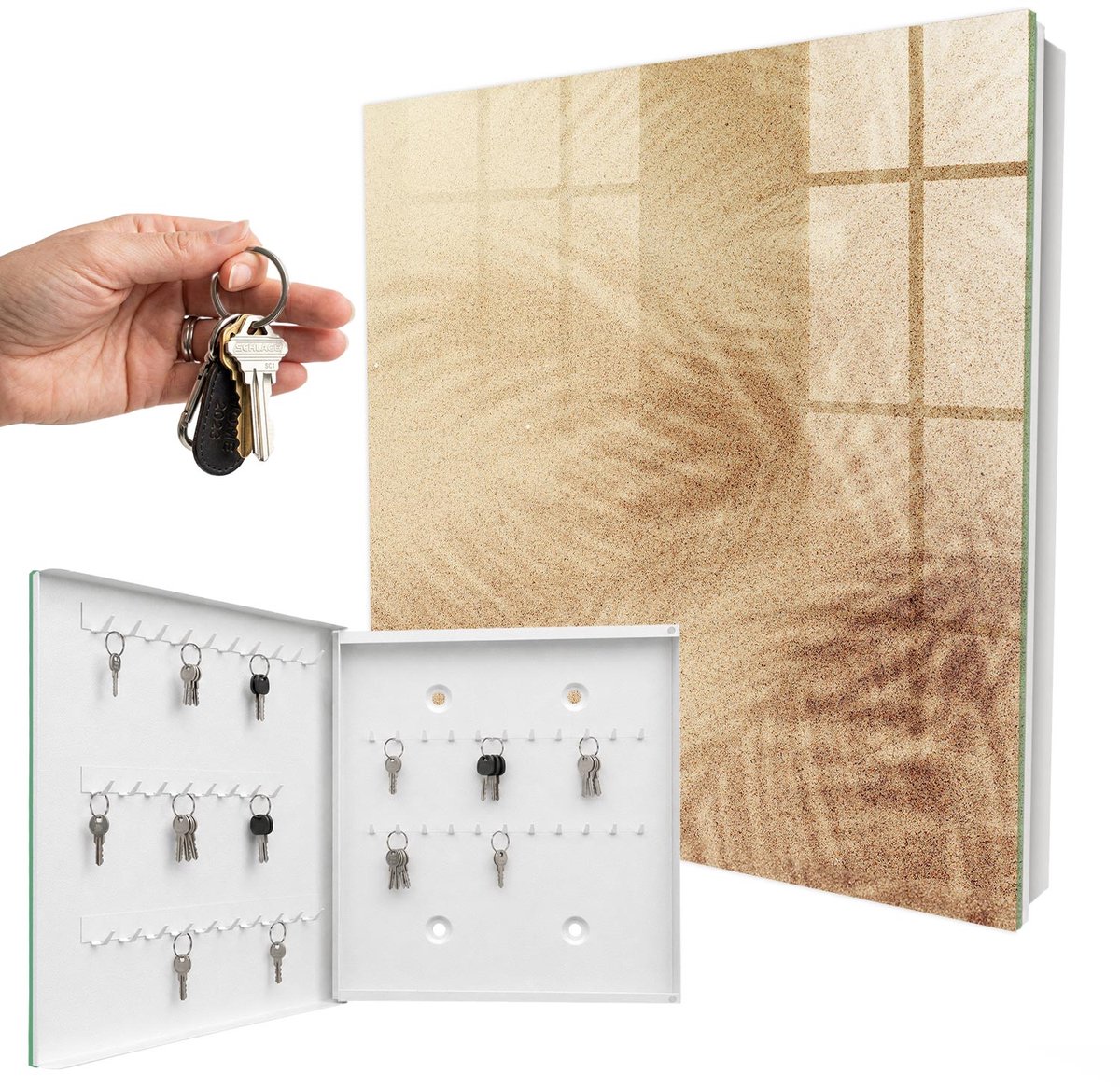 WallMuralia - Sleutelkast - 30x30x5 cm - met 50 haken - Schuimsporen Sleutelkastje Industrieel - Beige Sleutelbox - Linksopenend - Wit interieur