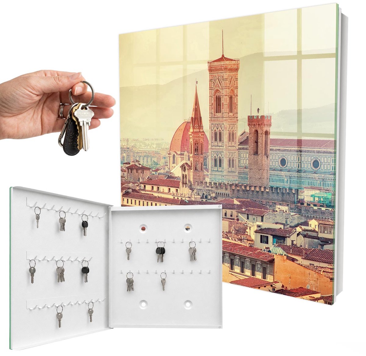 WallMuralia - Sleutelkast - 30x30x5 cm - met 50 haken - Stedelijke Elegantie Sleutelkastje Design - Beige Sleutelbox - Linksopenend - Wit interieur