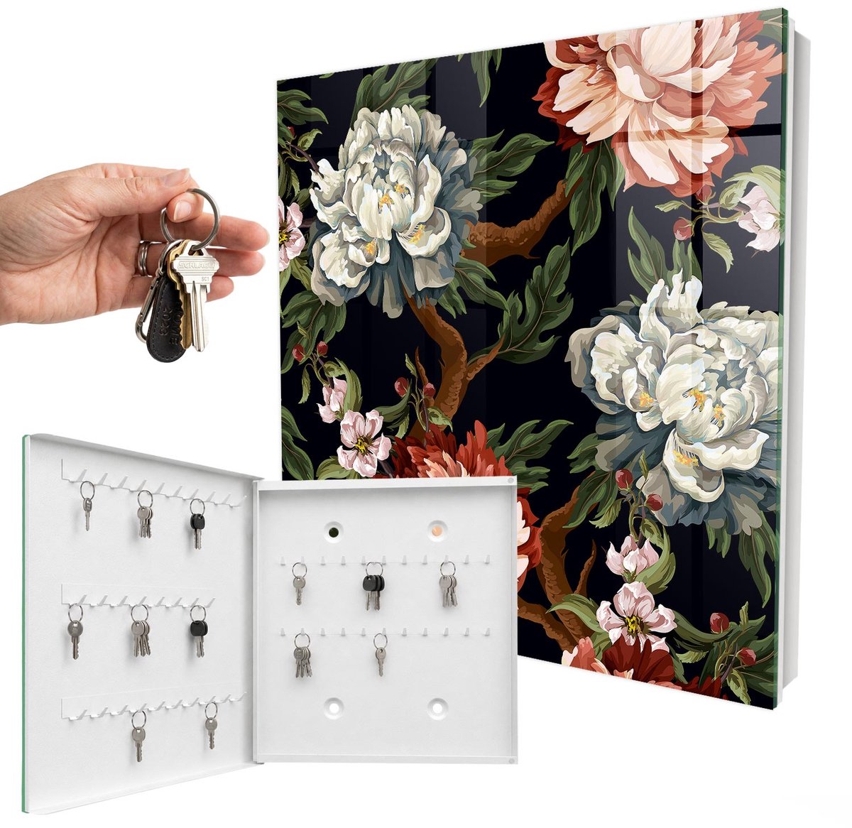 WallMuralia - Sleutelkast - 30x30x5 cm - met 50 haken - Bloemen Van De Natuur Sleutelkastje Landelijk - Groente Sleutelbox - Linksopenend - Wit interieur