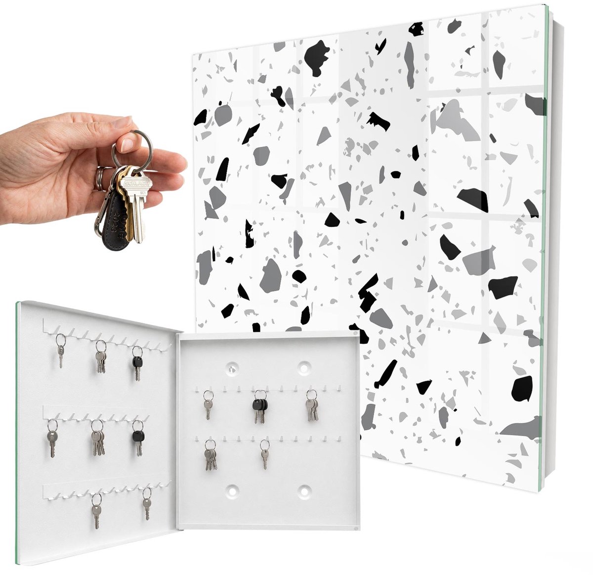 WallMuralia - Sleutelkast - 30x30x5 cm - met 50 haken - Monochroom Terrazzo Design Sleutelkastje - Wit Sleutelbox - Linksopenend - Wit interieur