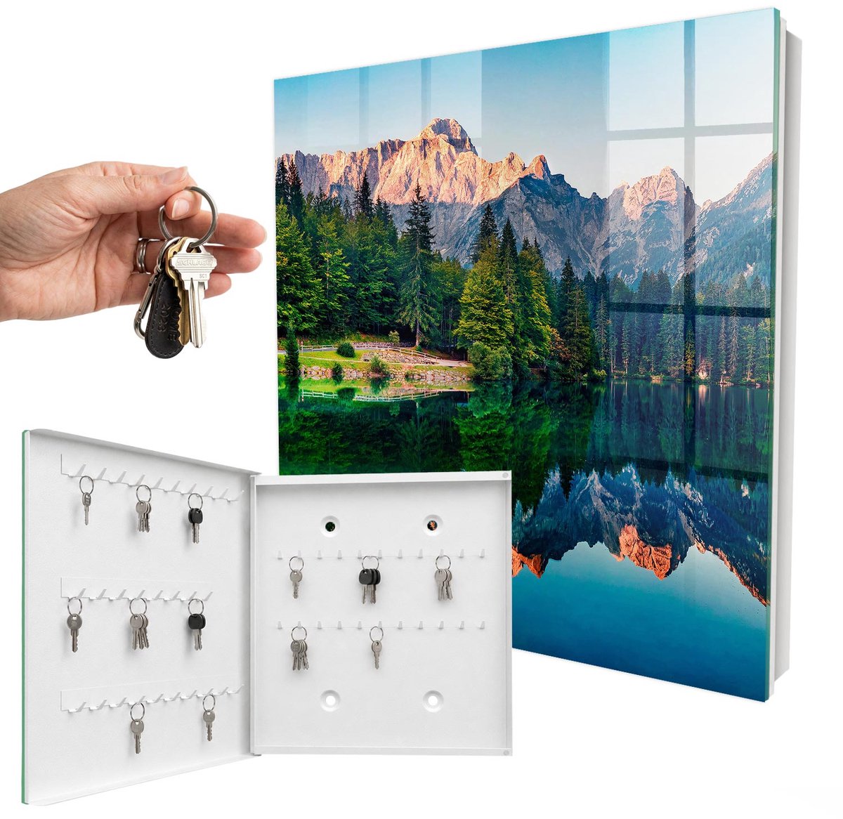 WallMuralia - Sleutelkast - 30x30x5 cm - met 50 haken - Berglandschap Design Sleutelkastje - Groente Sleutelbox - Linksopenend - Wit interieur