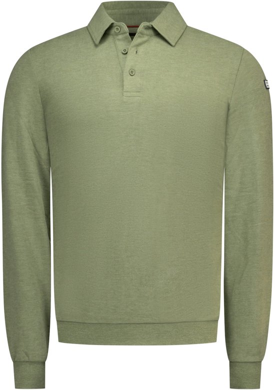 Olijfgroene polo met lange mouwen, kraag, knoopsluiting en klein merklabel op de linkermouw.