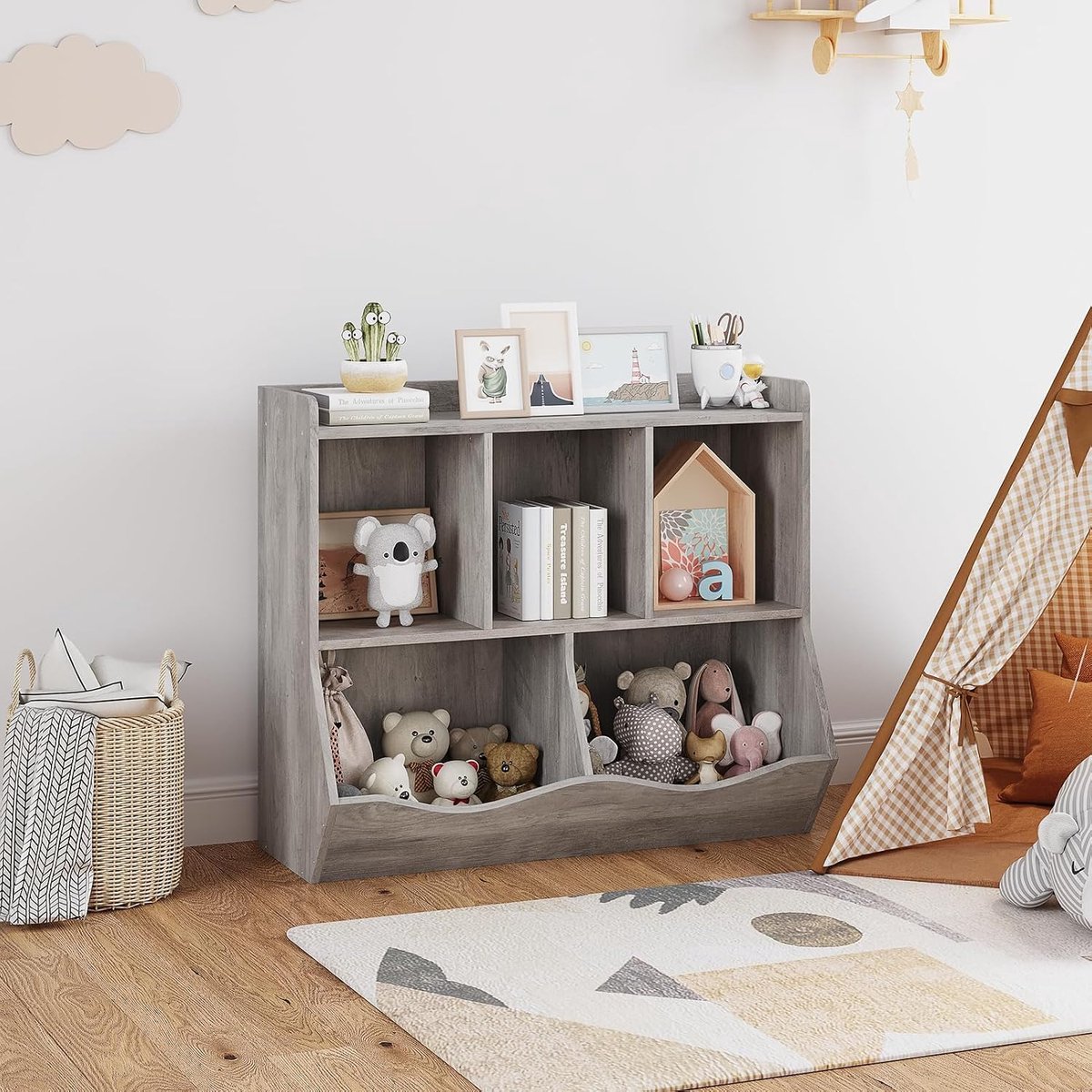 Kinderboekenkast en Speelgoedopberger - Grijs Speelgoedkast met 5 Vakken - Kinderkast voor Boeken en Speelgoed - Montessori Kweekkast - Inclusief Anti-omvalbeveiliging - 90x30x75 cm