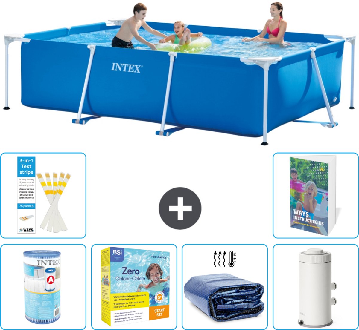 Intex Rechthoekig Frame Zwembad - 300 x 200 x 75 cm - Blauw - Inclusief Filter - Onderhoudspakket - Solarzeil - Zwembadfilterpomp - 7-delig