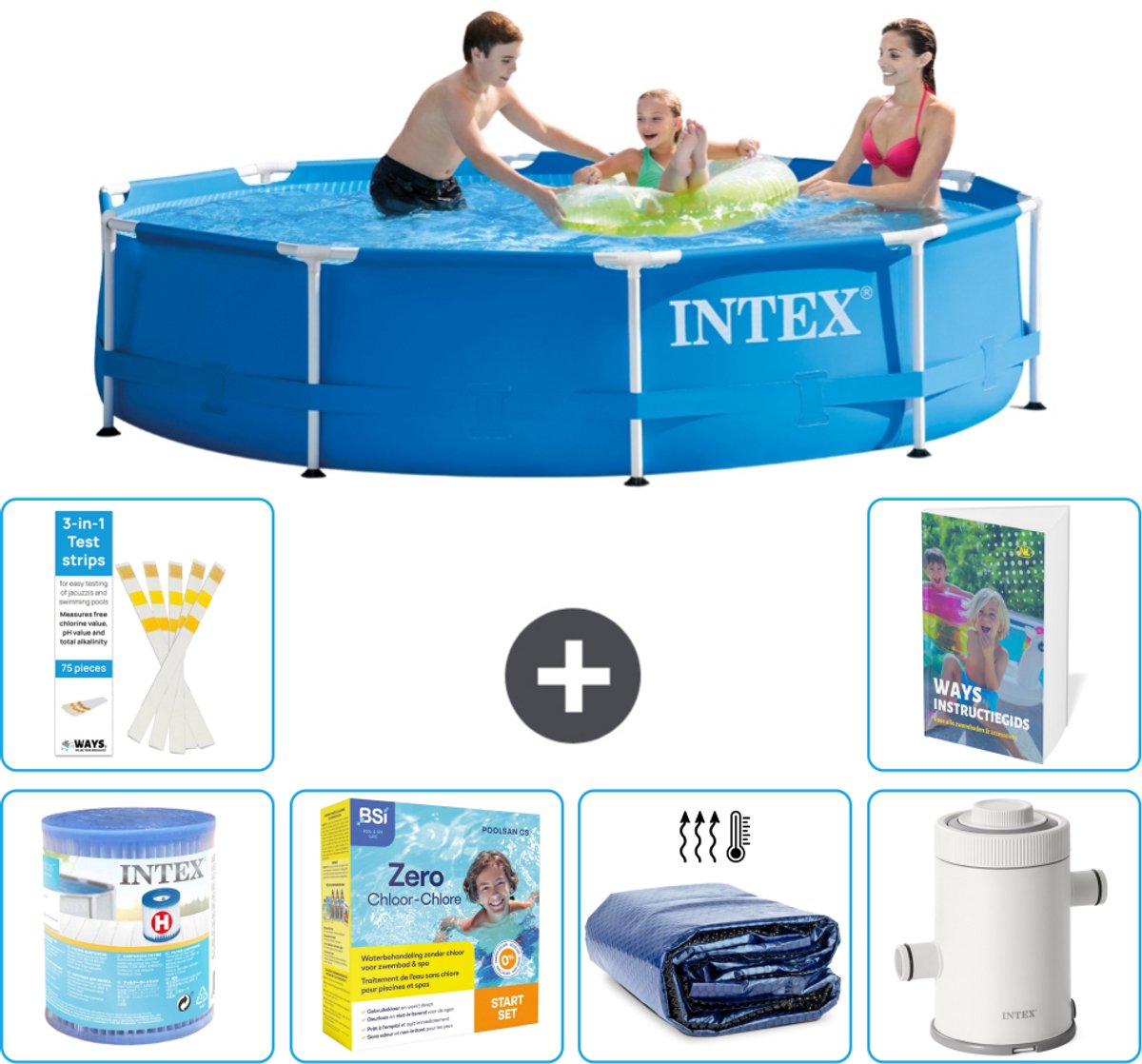 Intex Rond Frame Zwembad – 305 x 76 cm – Blauw – Inclusief Filter – Onderhoudspakket – Solarzeil – Zwembadfilterpomp – 7-delig