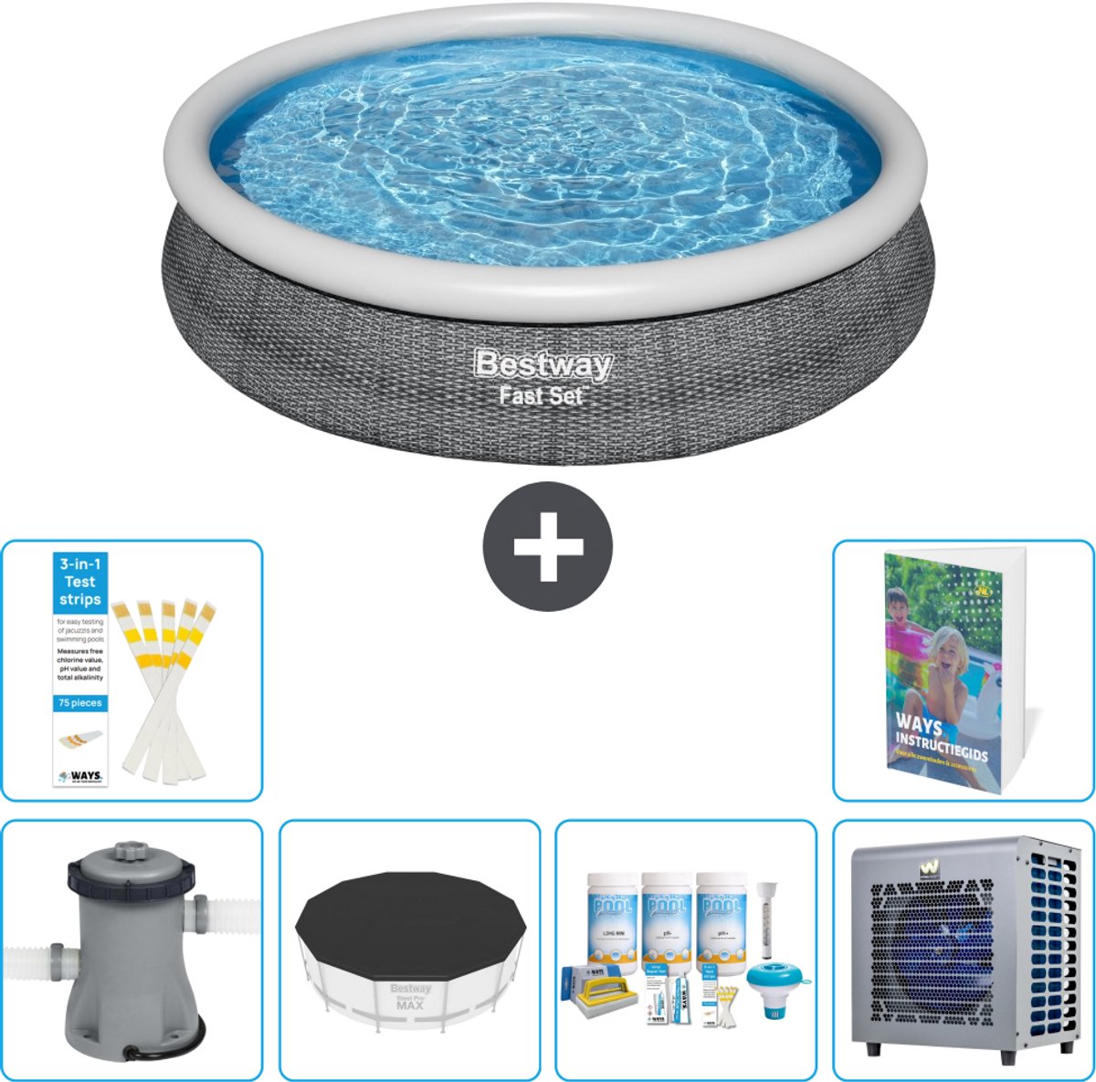 Bestway Rond Opblaasbaar Fast Set Zwembad - Rotanprint - 366 x 76 cm - Inclusief Pomp - Afdekzeil - Onderhoudspakket - Warmtepomp - 7-delig