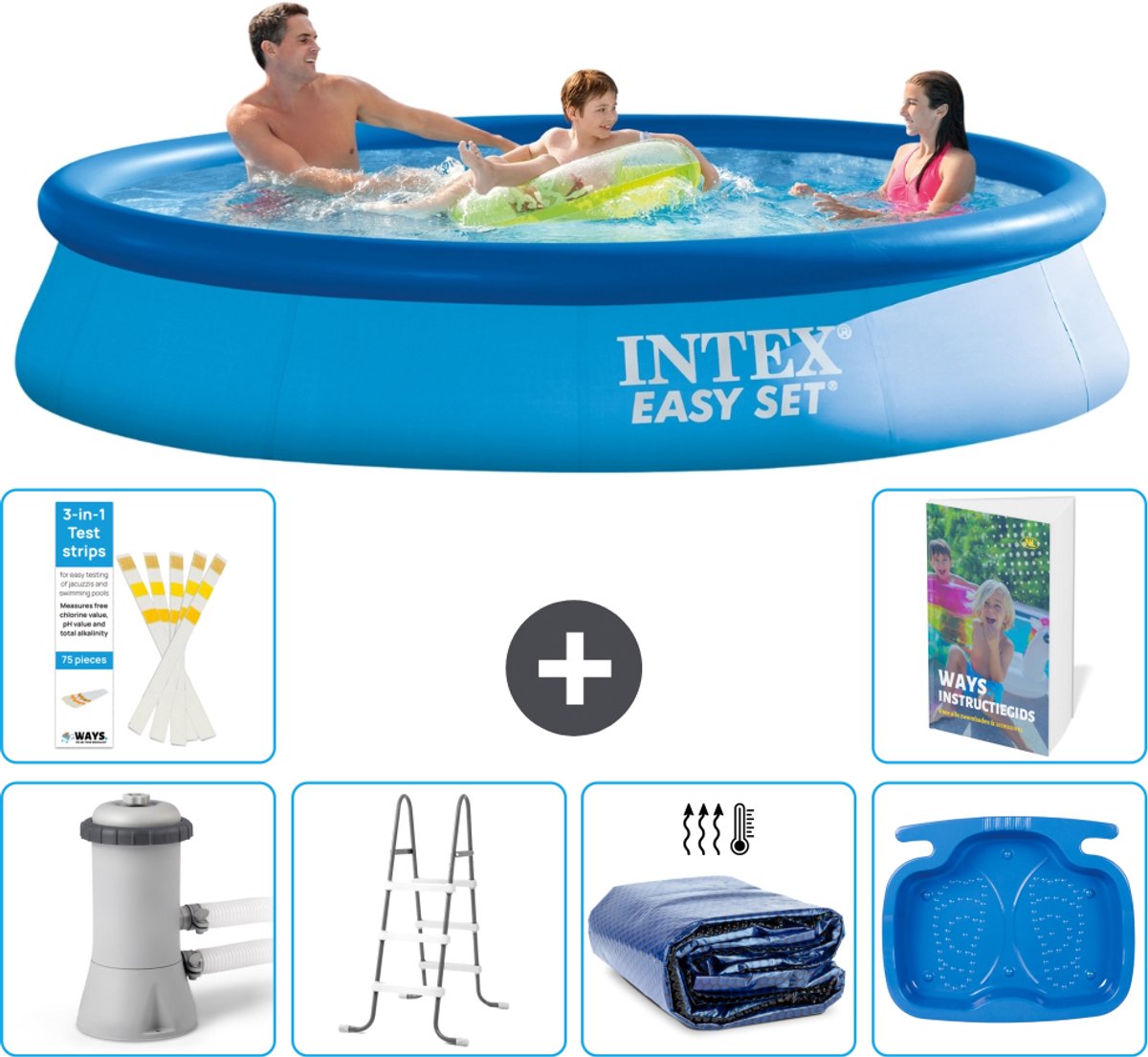 Intex Rond Opblaasbaar Easy Set Zwembad - 366 x 76 cm - Blauw - Inclusief Pomp - Ladder - Solarzeil - Voetenbad - 7-delig