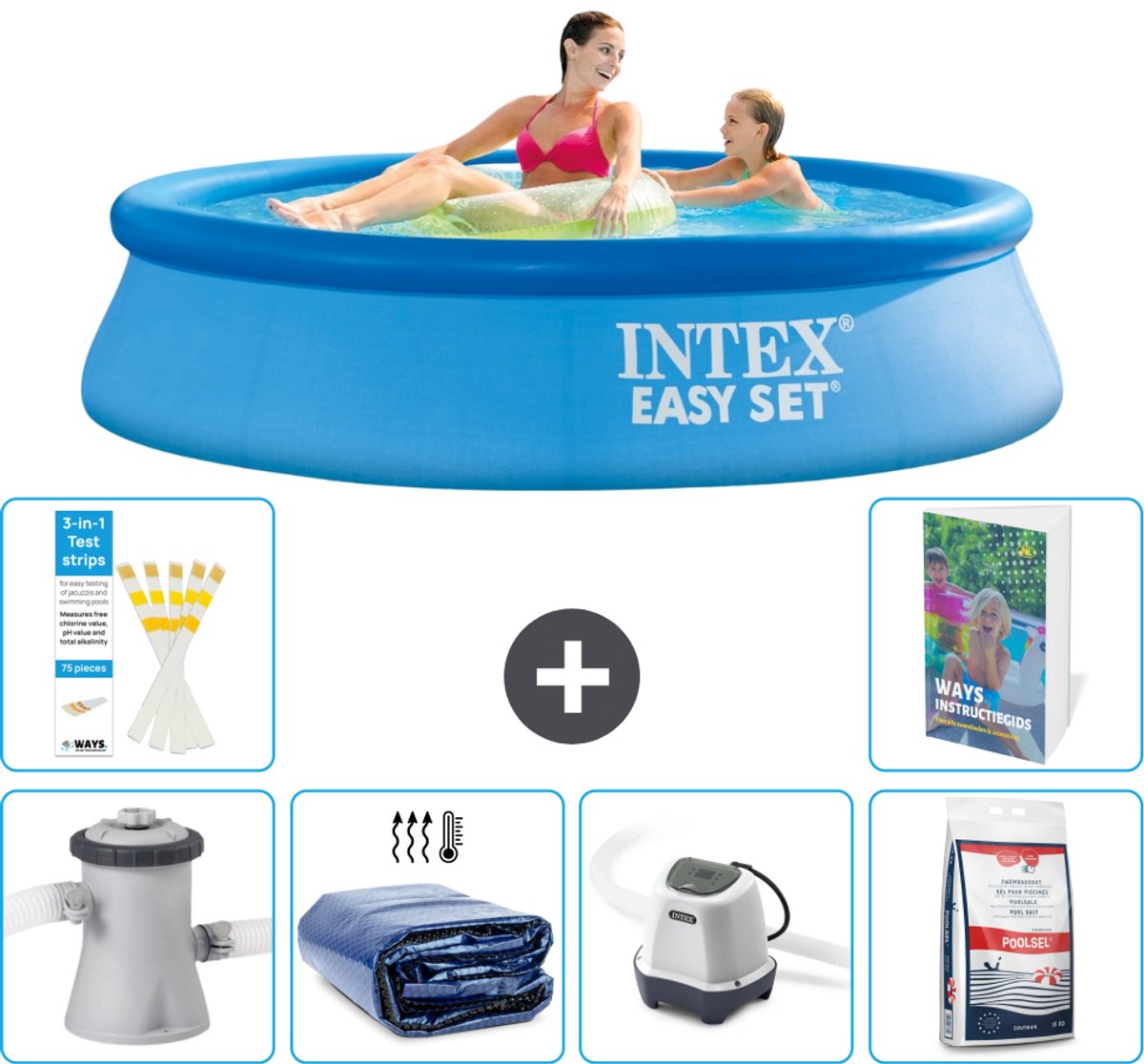 Intex Rond Opblaasbaar Easy Set Zwembad - 244 x 61 cm - Blauw - Inclusief Pomp - Solarzeil - Zoutwatersysteem - Zwembadzout - 7-delig