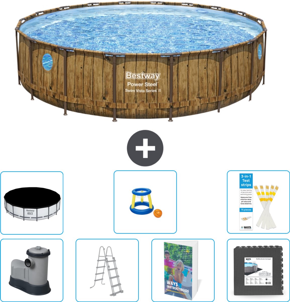 Bestway Rond Power Steel Swim Vista Zwembad - Houtprint - 549 x 122 - Inclusief Pomp - Ladder - Afdekzeil - Speelgoed - Vloertegels - 8-delig