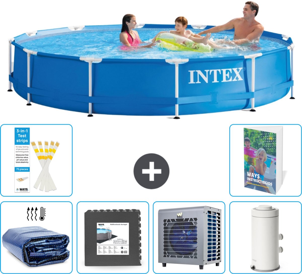 Intex Rond Frame Zwembad - 366 x 76 cm - Blauw - Inclusief Solarzeil - Vloertegels - Warmtepomp - Zwembadfilterpomp - 7-delig