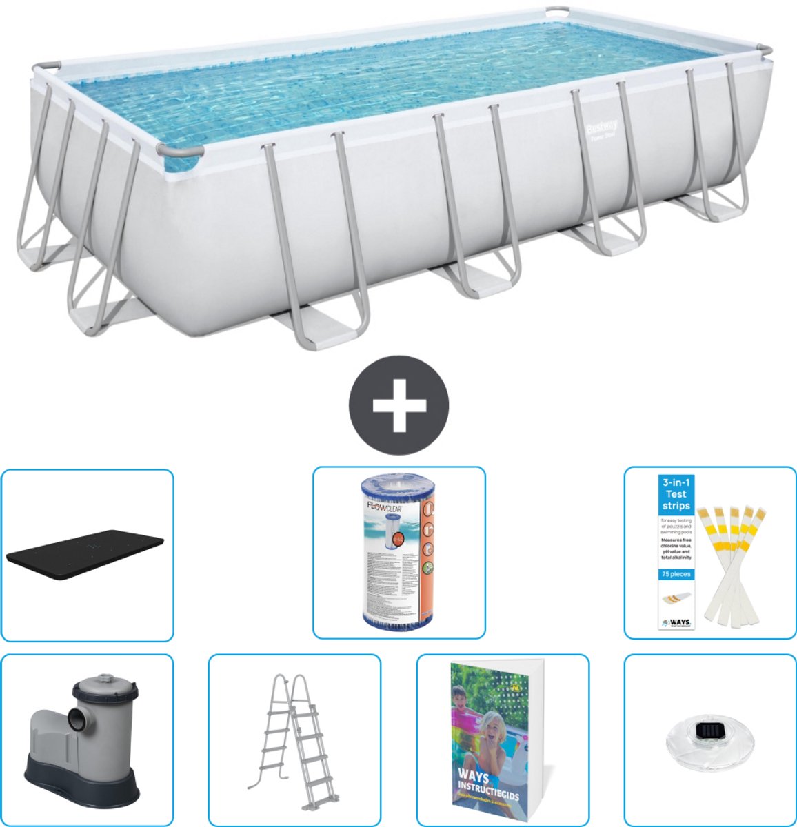 Bestway Rechthoekig Power Steel Zwembad - 549 x 274 x 122 - Grijs - Inclusief Pomp - Ladder - Afdekzeil - Filter - Verlichting - 8-delig