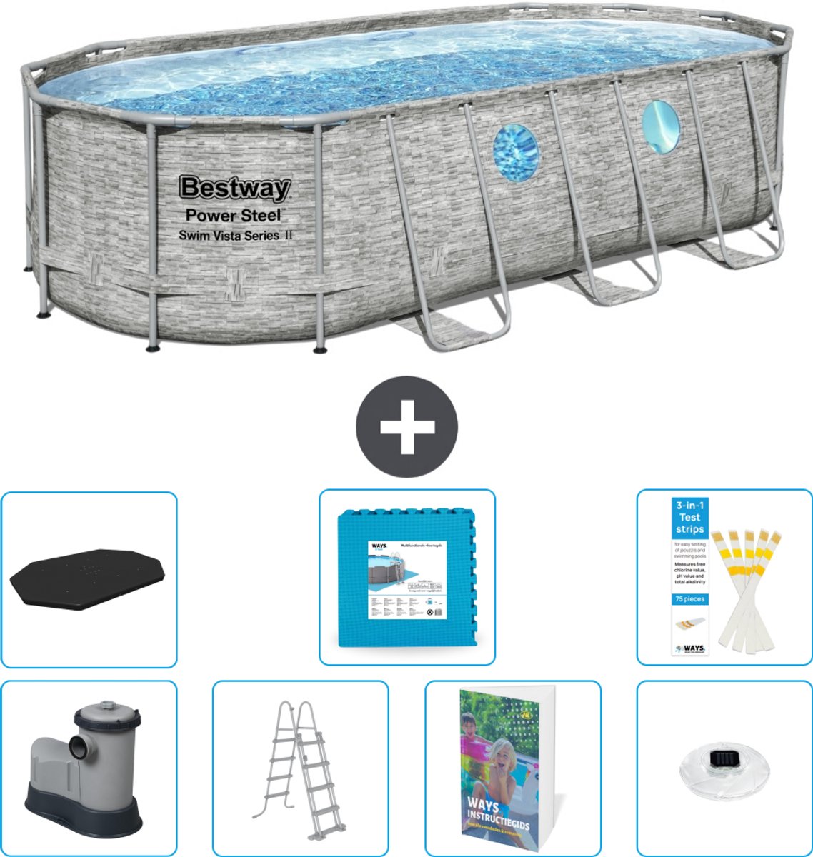 Bestway Ovaal Power Steel Swim Vista Zwembad - Steenprint - 549 x 274 x 122 - Inclusief Pomp - Ladder - Afdekzeil - Vloertegels - Verlichting - 8-delig