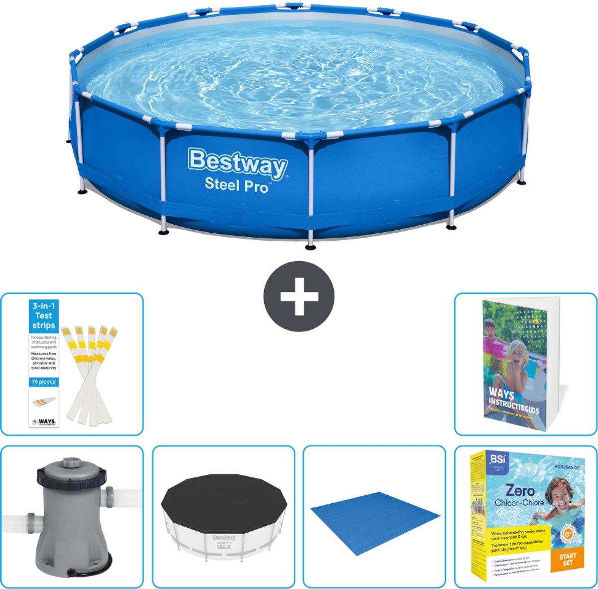 Bestway Rond Steel Pro Zwembad - 366 x 76 cm - Blauw - Inclusief Pomp - Afdekzeil - Grondzeil - Onderhoudspakket - 7-delig