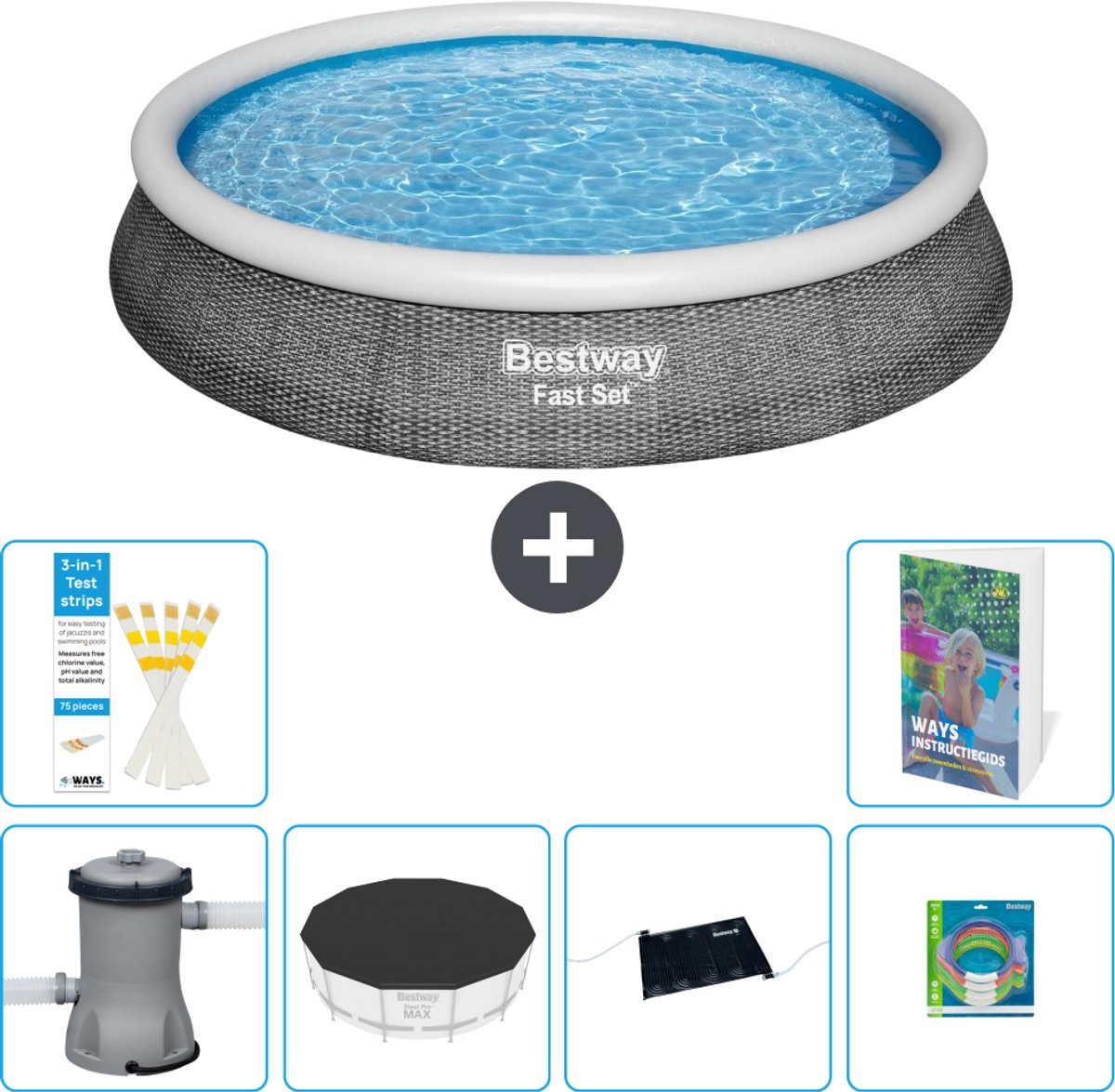 Bestway Rond Opblaasbaar Fast Set Zwembad - Rotanprint - 396 x 84 cm - Inclusief Pomp - Afdekzeil - Solar Mat - Speelgoed - 7-delig