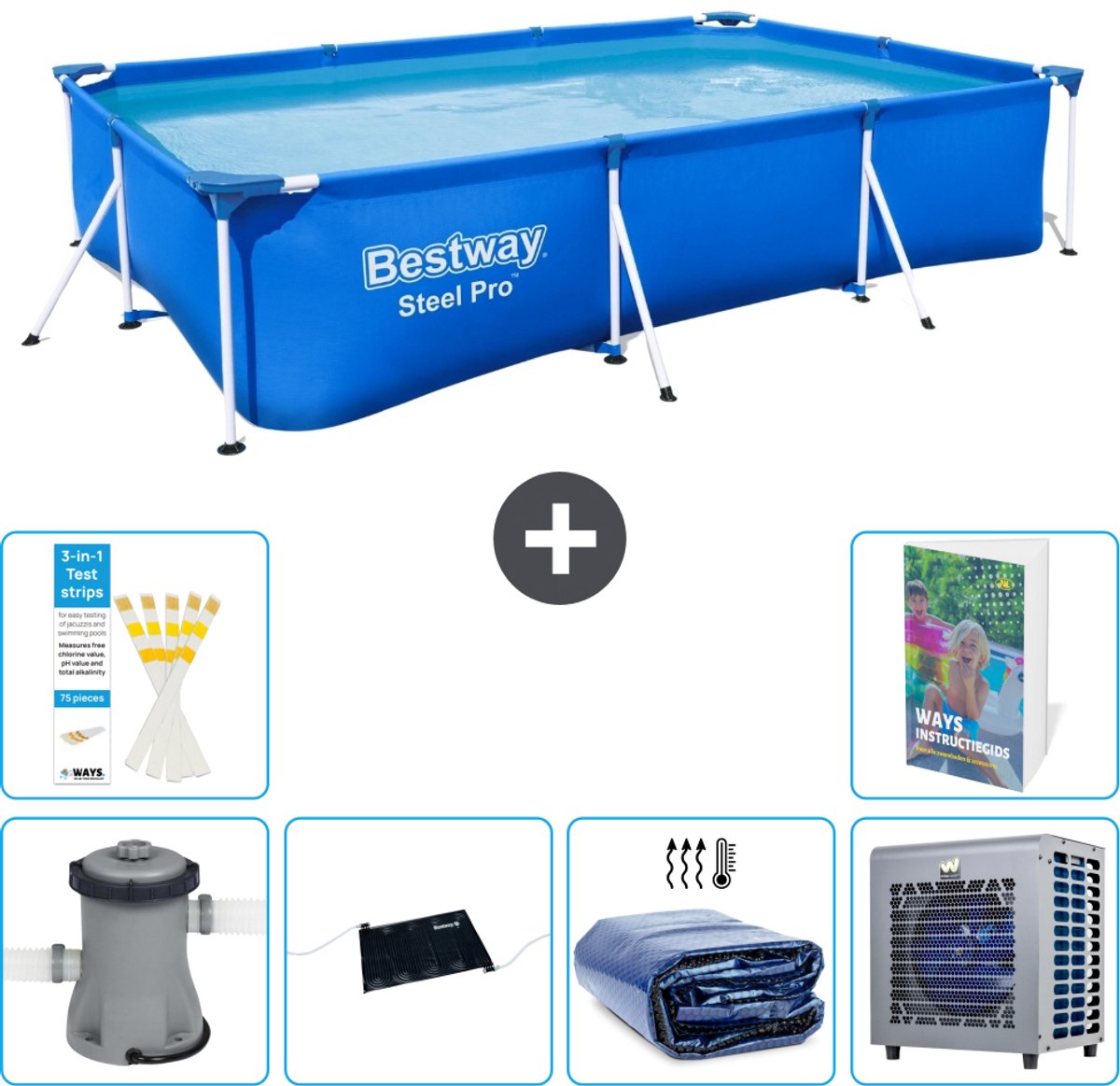 Bestway Rechthoekig Steel Pro Zwembad - 300 x 201 x 66 cm - Blauw - Inclusief Pomp - Solar Mat - Solarzeil - Warmtepomp - 7-delig